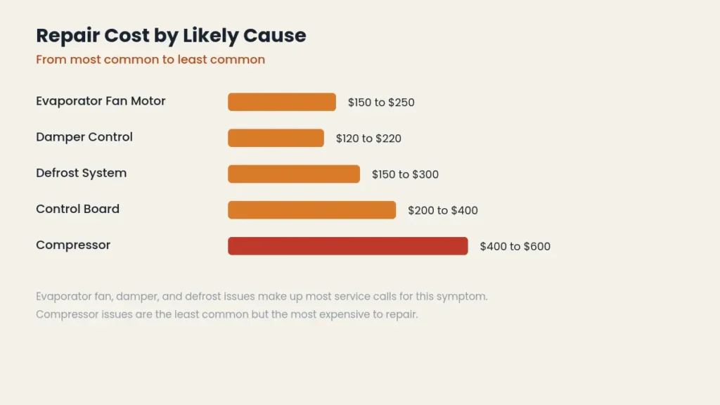 Bar chart comparing repair cost for evaporator fan motor damper control defrost system control board and compressor
