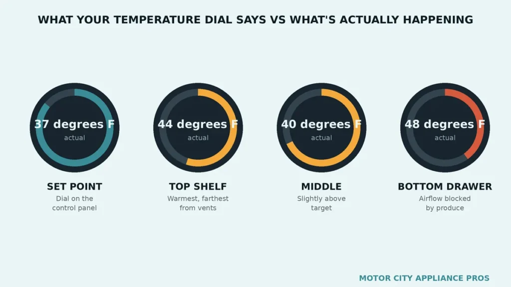 Four ring dial gauges comparing the set point temperature to actual readings on the top shelf, middle shelf, and bottom drawer of a refrigerator