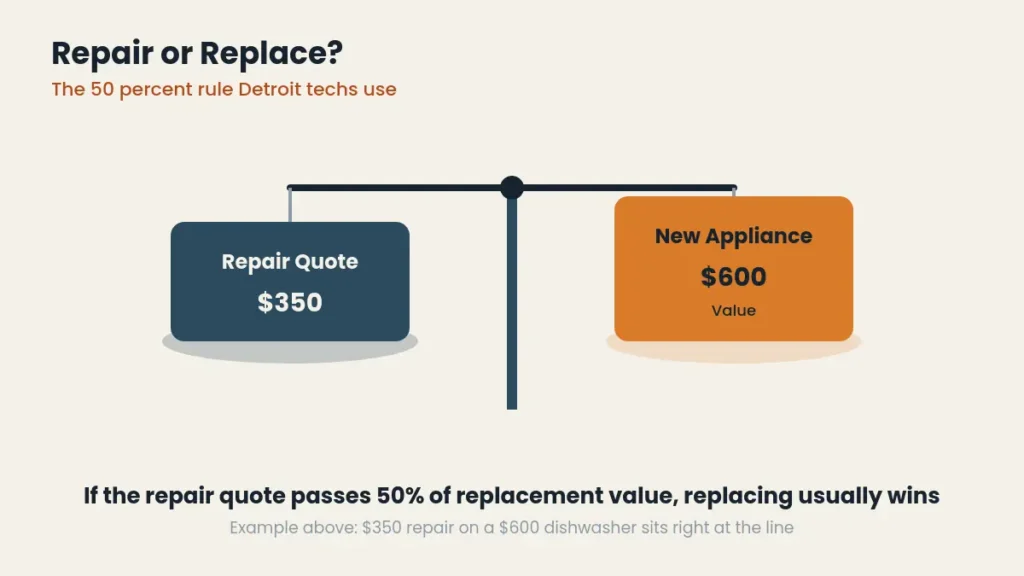 Balance scale graphic comparing a 350 dollar repair quote against a 600 dollar replacement appliance value