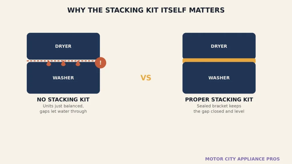 Side by side diagram comparing a stacked unit with no stacking kit leaking water to one with a proper stacking kit sealing the gap