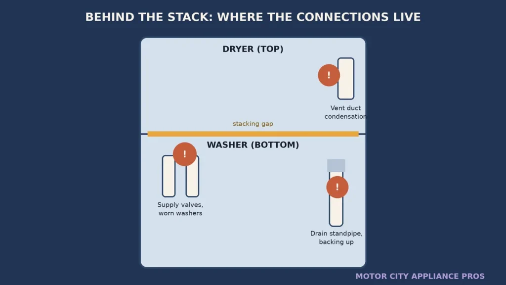 Cutaway diagram of the connections behind a stacked washer and dryer showing the vent duct, supply valves, and drain standpipe