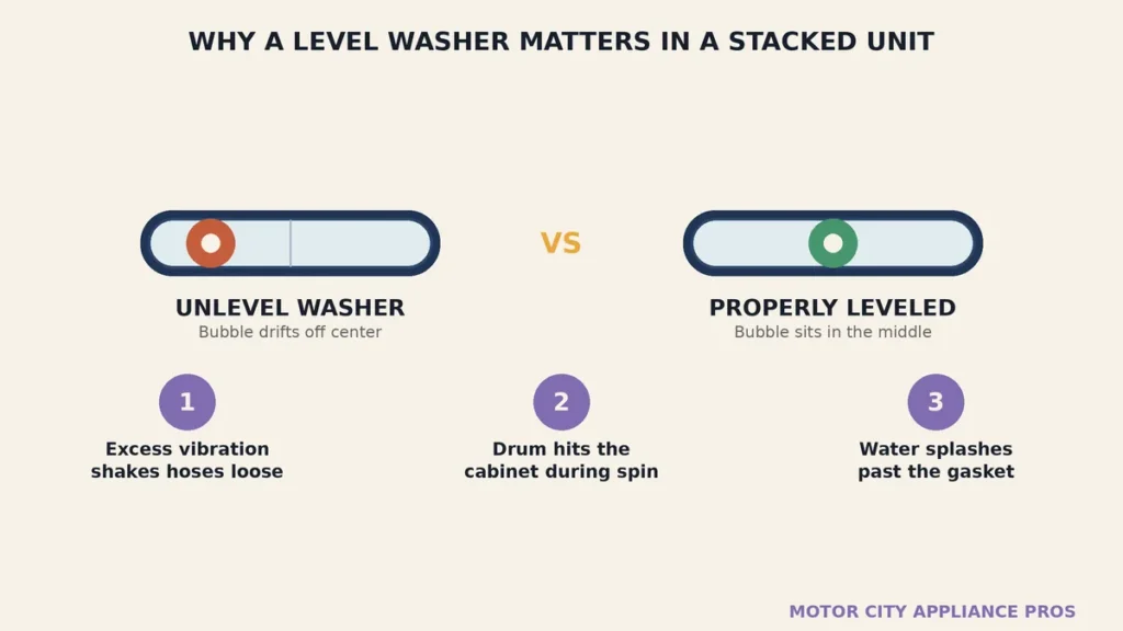 Bubble level comparison showing an unlevel washer with the bubble off center next to a properly leveled washer with the bubble centered