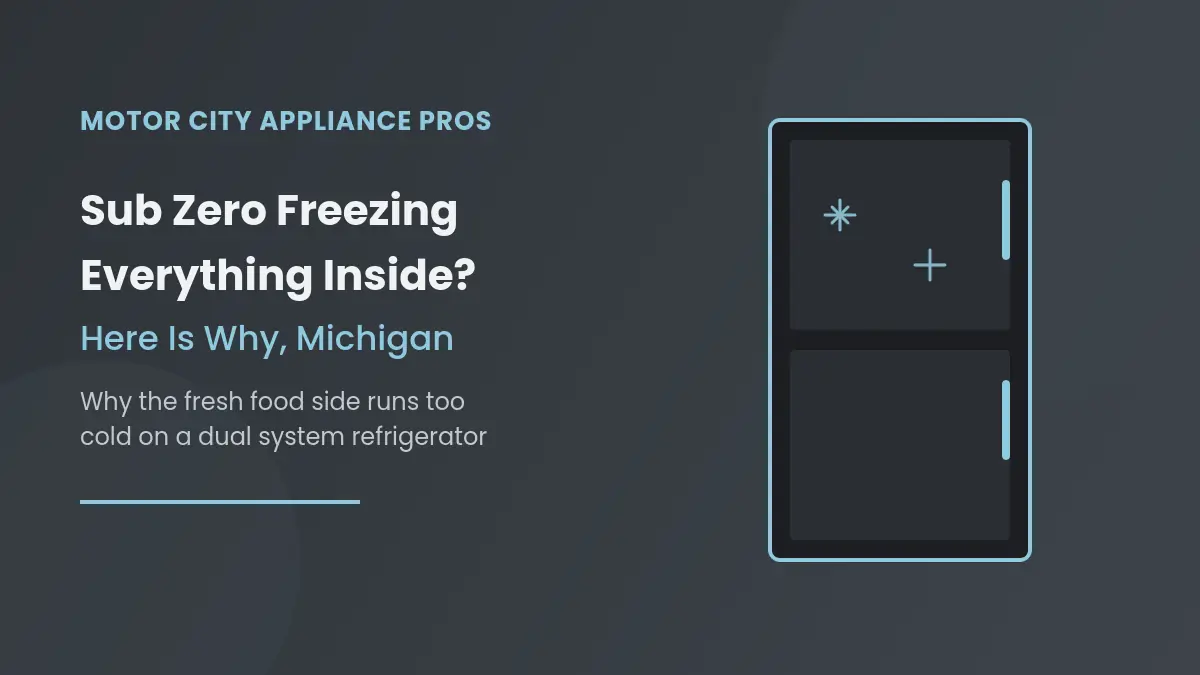 Illustration of a built in refrigerator with ice crystal icons showing the fresh food section freezing