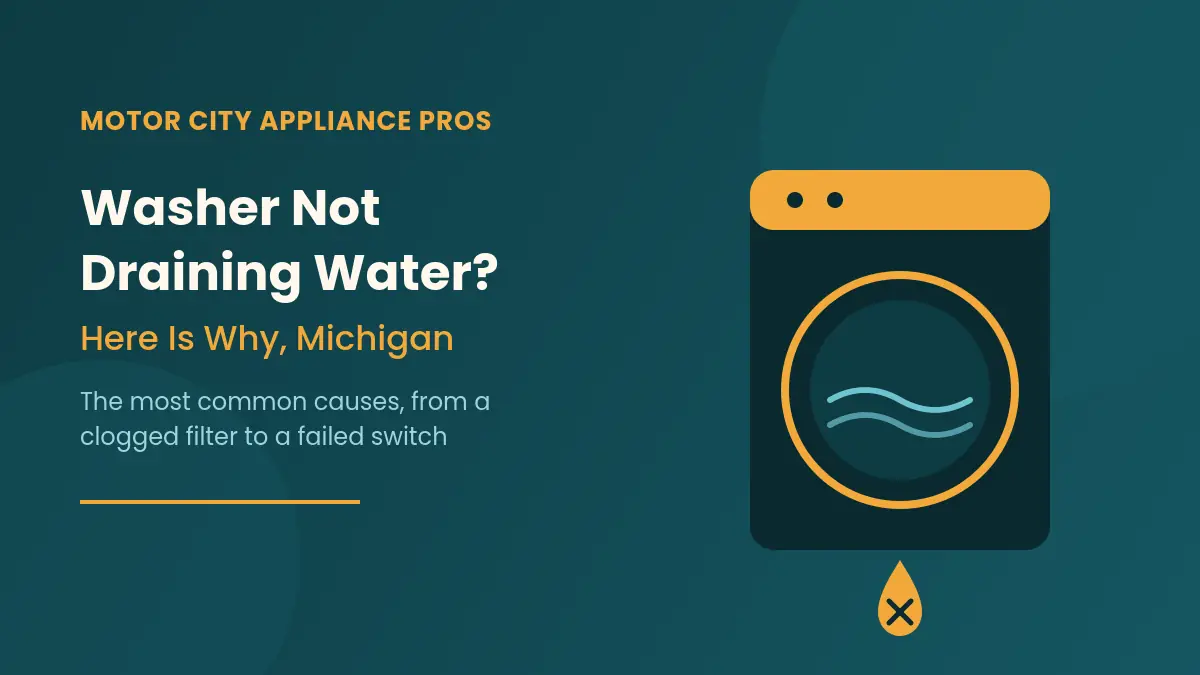 Illustration of a washing machine with a blocked water droplet icon showing a drain problem