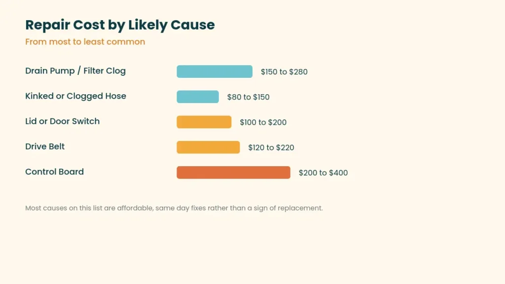 Bar chart comparing repair cost for drain pump clog kinked hose lid switch drive belt and control board