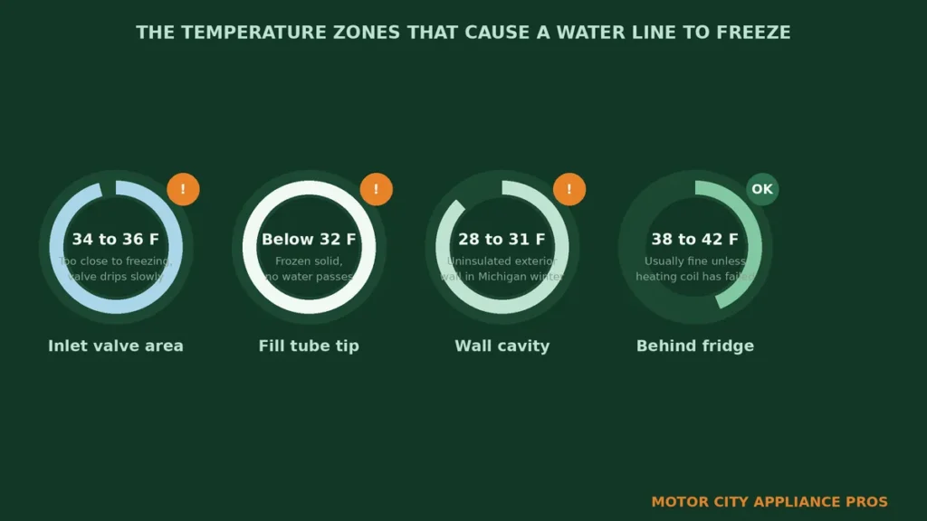 Four ring dial gauges showing the temperature ranges at four zones along the ice maker water line, from the inlet valve to behind the fridge