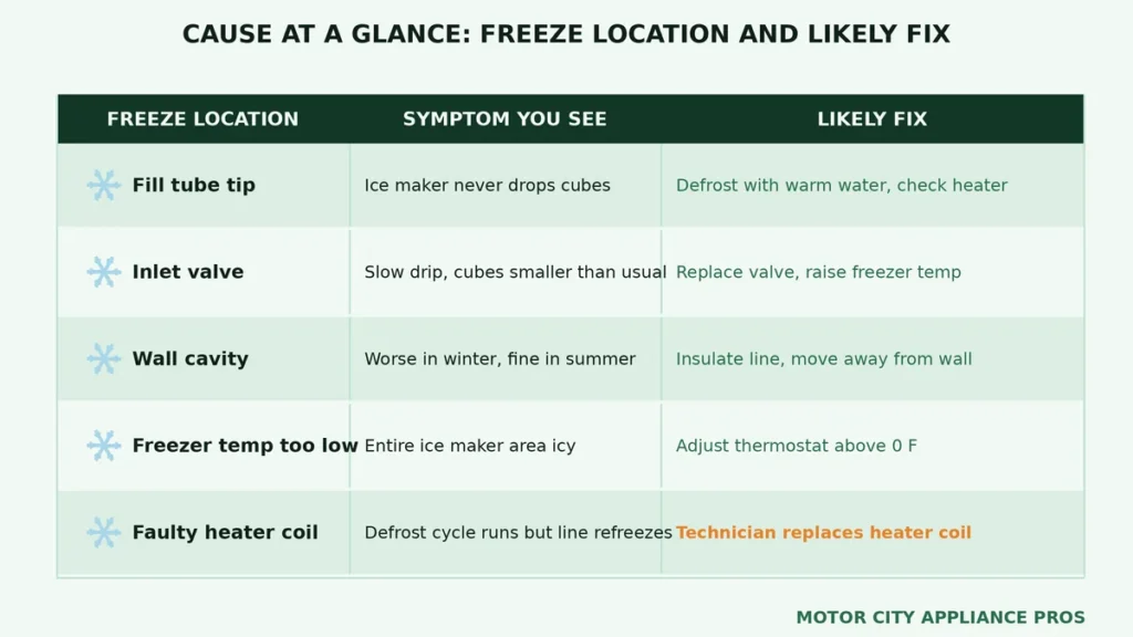 Three column reference table listing five freeze locations with the corresponding symptom and likely fix for each