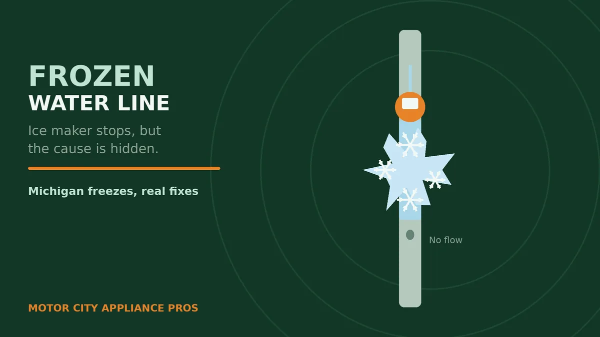Vertical pipe with ice crystals forming in the middle and no water flowing below, illustrating a frozen ice maker water line