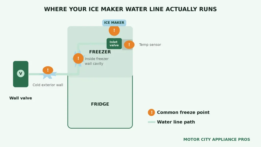 Diagram showing the path of the ice maker water line from the wall valve through the fridge exterior wall cavity to the inlet valve and fill tube, with common freeze points marked
