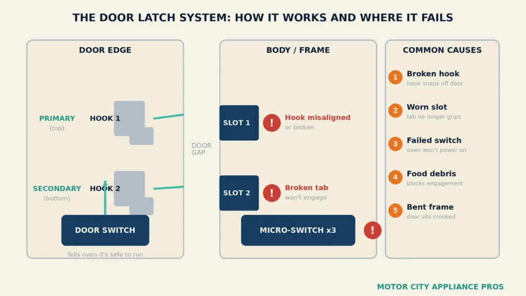 Three panel diagram showing the door edge with two latch hooks and a door switch, the body frame with corresponding slots and micro switches, and a column listing the five most common causes