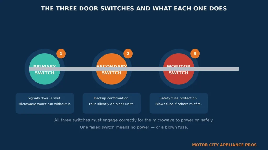 Three circle diagram showing the primary switch in teal, the secondary switch in orange, and the monitor switch in red, each with a description of its role in the door safety interlock system