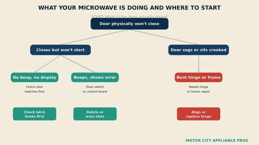 Flowchart starting with whether the door physically won't close, branching to closes but won't start or sags and sits crooked, each leading to a specific diagnosis and fix