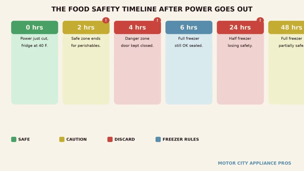 Six card timeline showing food safety status at 0, 2, 4, 6, 24, and 48 hours after a power outage for both refrigerator and freezer