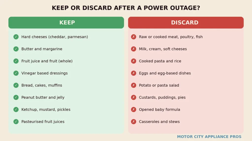 Two column table listing foods that are safe to keep after a power outage on the left and foods to discard on the right