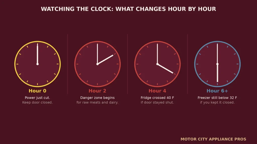 Four clock faces showing hour zero, hour two, hour four, and hour six after a power outage with notes on what changes at each milestone