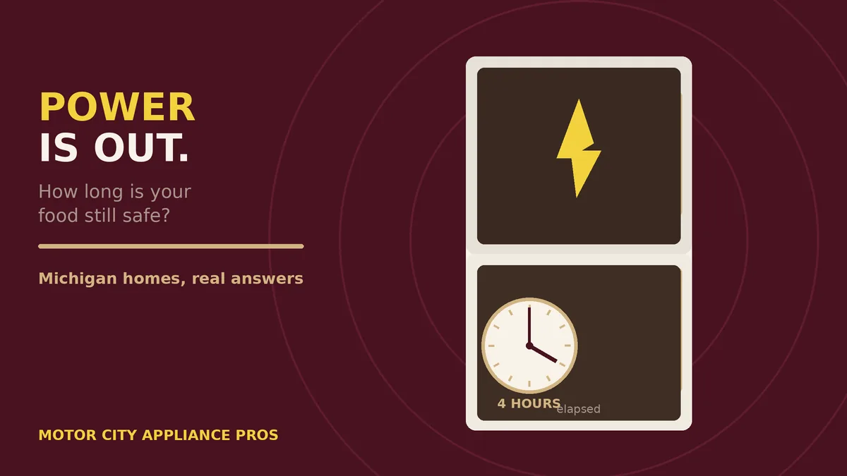 Dark refrigerator with a yellow lightning bolt inside and a clock showing 4 hours elapsed, illustrating how long food stays safe during a power outage