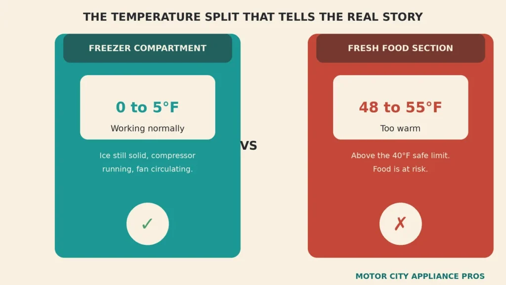 Two panel comparison showing the freezer compartment at zero to five degrees labeled working normally and the fresh food section at forty eight to fifty five degrees labeled too warm
