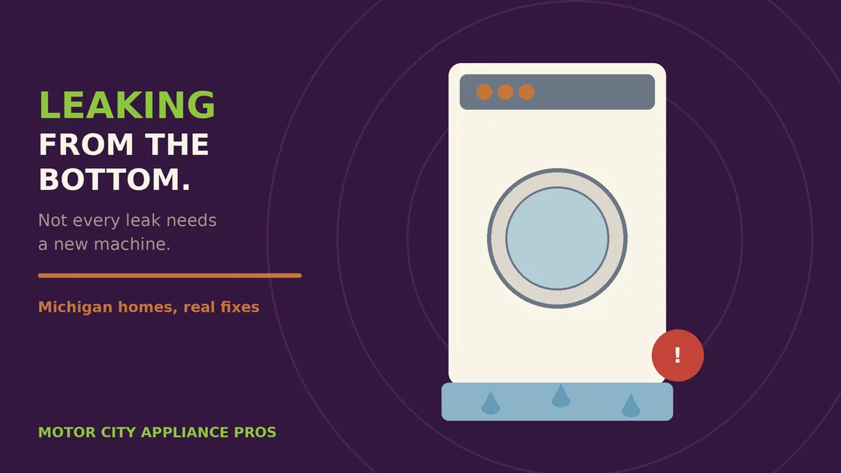 Front load washing machine with water pooling at the base and drip drops below it, illustrating a washing machine leaking from the bottom