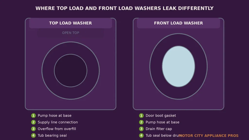 Side by side diagram comparing the four most common bottom leak causes for a top load washer on the left and a front load washer on the right